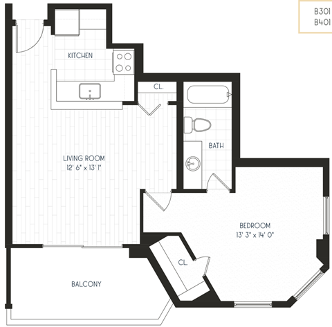 Floor plan for 1 bed, 1 bath, 632 sqft